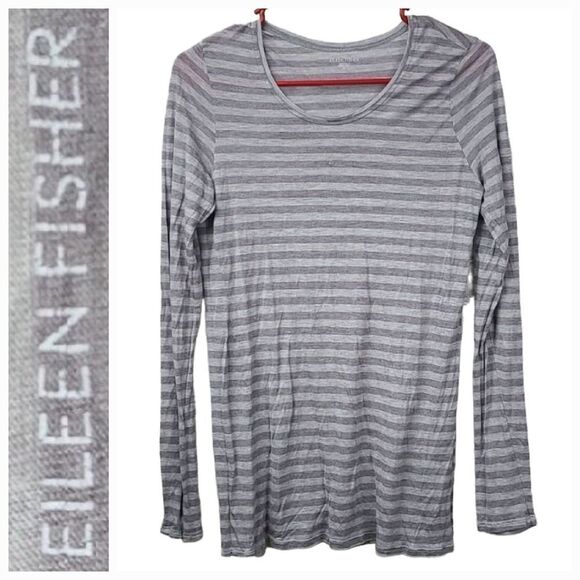 Eileen Fisher Women Super Soft Micro Modal Long Sleeve Tee Gray Stripe Knit Top - Picture 1 of 9